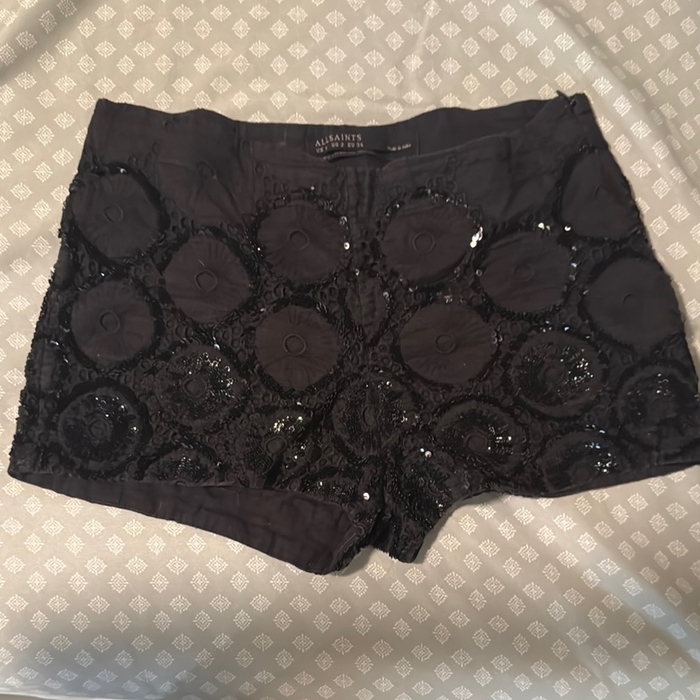All Saints Black Sequin textured  Women's Shorts with side zipper and hook.